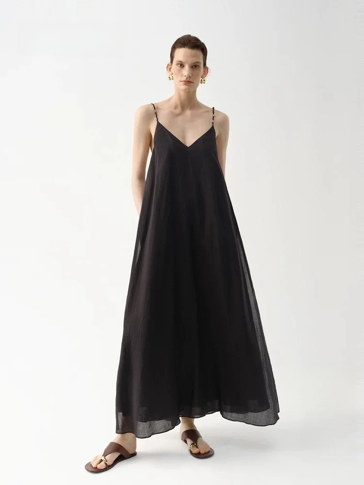 

Handmade Beaded Hemp Women's Dress Summer 2025 Edition Strap V-neck Midi Skirt No-sleeve Holiday Style Pure Color EBE2DRS031
