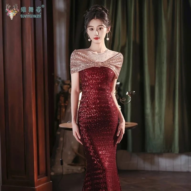 

New Elegent Retro Luxury Bow Shiny Sequined Evening Party Gown Slim Hight End Birthday Perfermance Fancy Sexy Pretty Exquisite