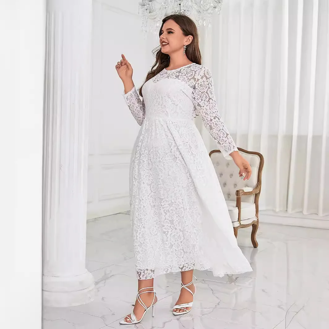 Plus Size Dresses New Spring/Summer Solid Color Long Sleeved Round Neck Lace Large Fit Banquet Evening Dress