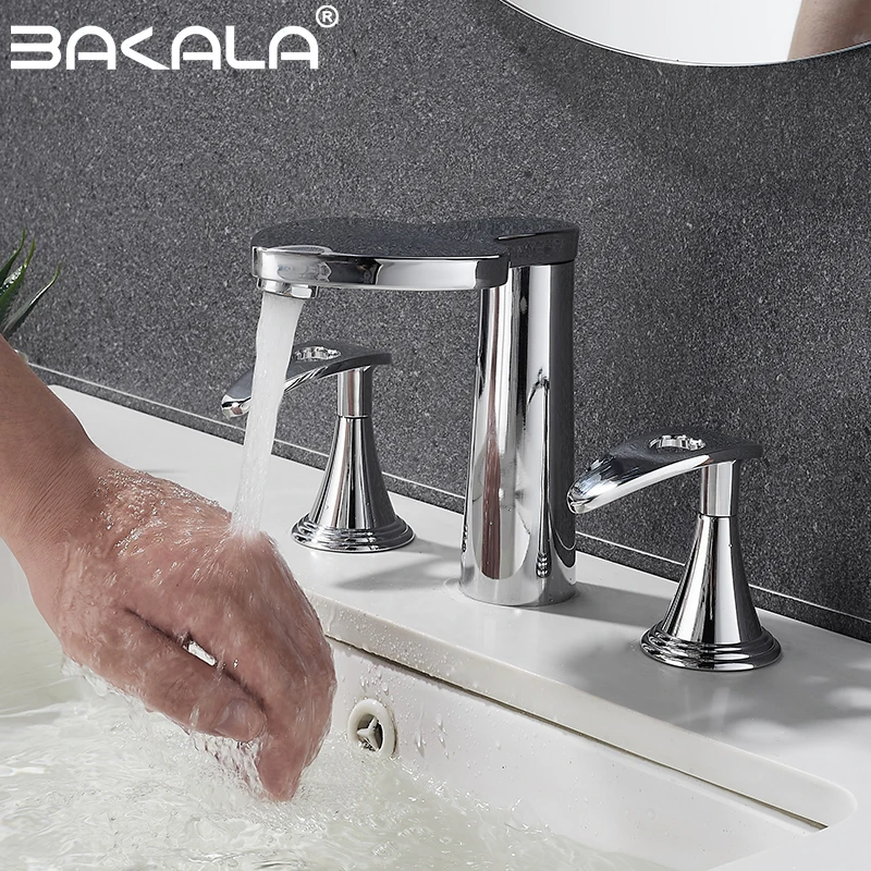 

BAKALA Bath Faucet Double Handle Square Brass Bathroom Black Faucet Hot Cold Water mixer Tap three hole Basin Fuacet 3PCS/set