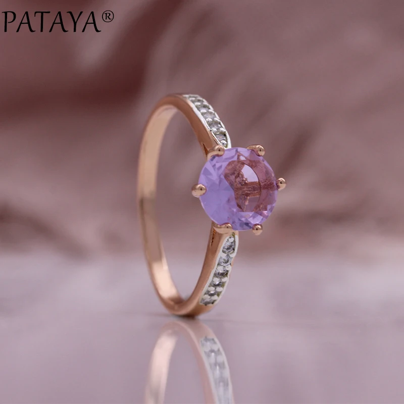 PATAYA New Purple Zircon Earrings Ring Set For Woman 585 Rose Gold Color Fashion Jewelry Party Wedding Sets Gifts