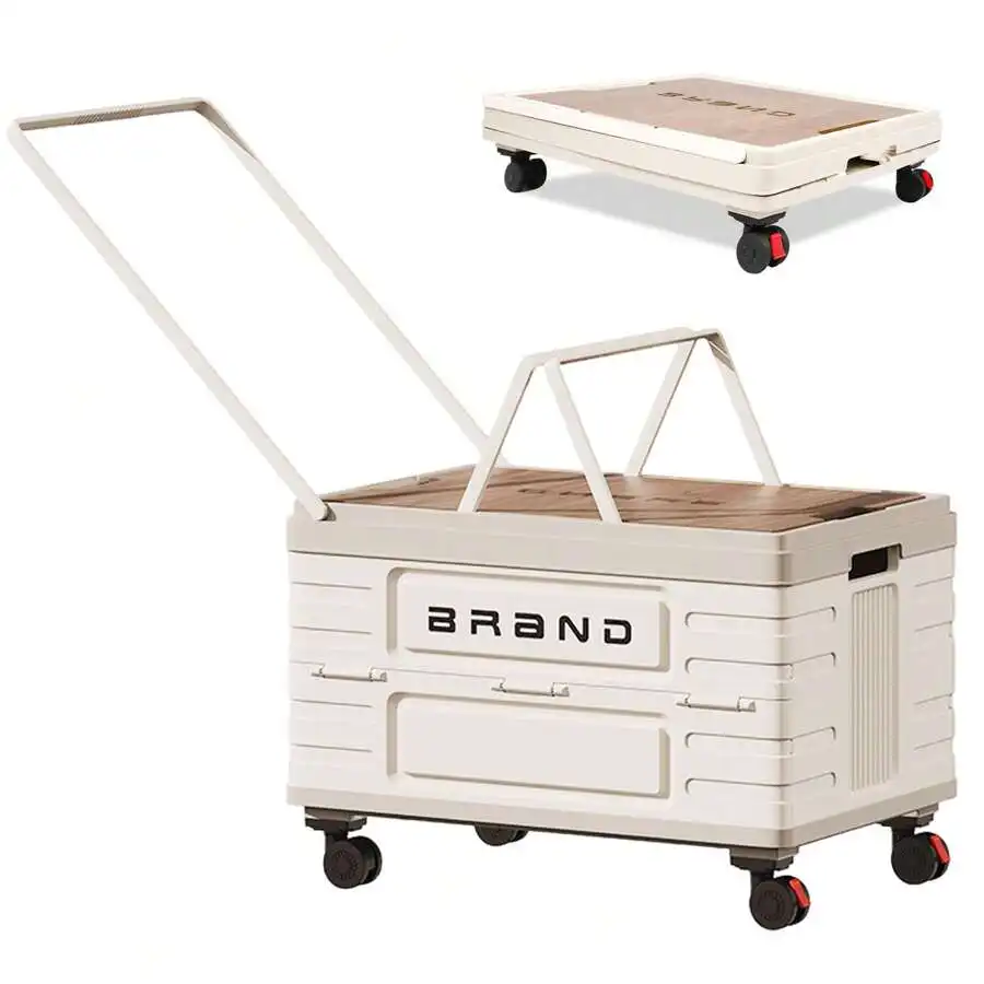 Folding Utility Cart Portable Rolling Crate Handcart Shopping Trolley Collapsible Tool Box With Wooden Lid, Basket On 4 Rotate W