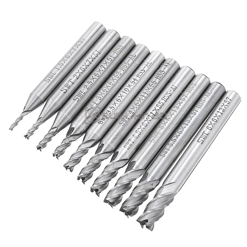 10Pcs HSS 4 Flute Milling Cutter 1.5mm-12mm End Mill CNC Router Bit Straight Shank Milling Woodworking Tool