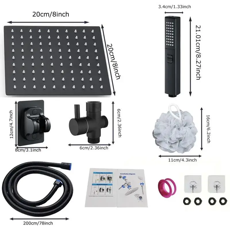 8 Inch High Pressure Square Rain Shower Head & 2-in-1 Hand Shower, Water Saving Shower Head with 78 Inch Hose, Diverter Valve