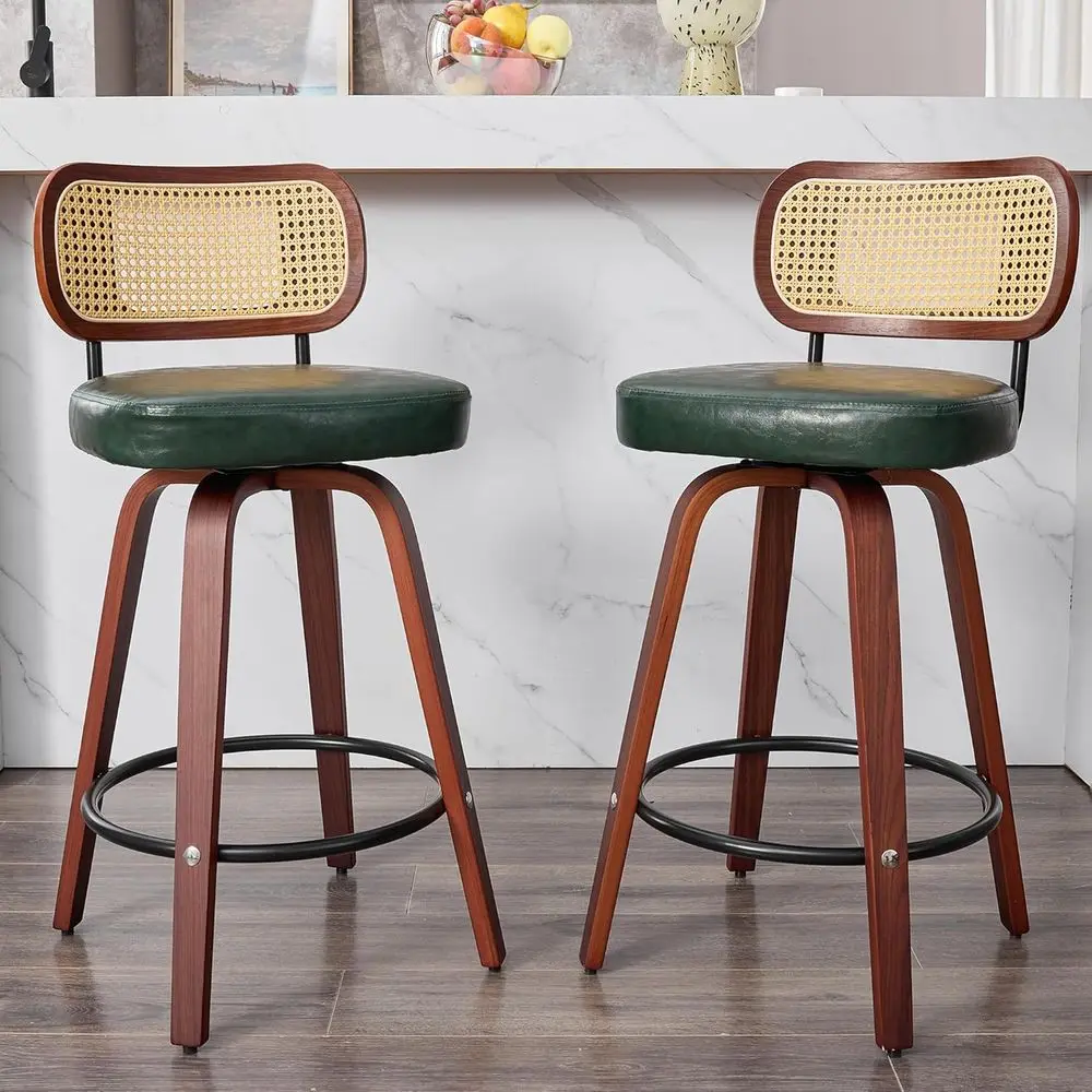 

Комплект из 2 барных стульев из ротанга с обивкой, высота для барной стойки, с спинкой и поворотным механизмом, зеленая кожа, для кухонного острова или столовой
