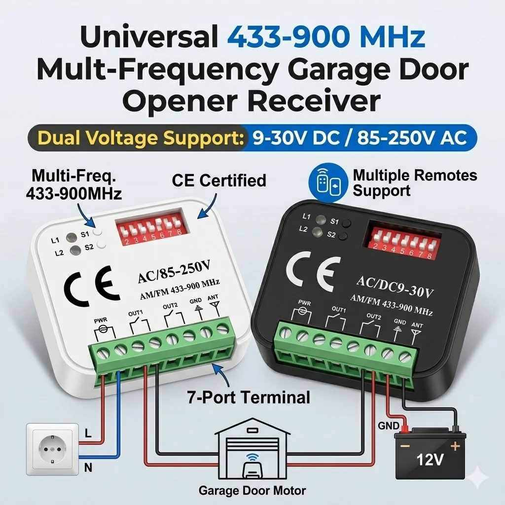 Universeller 433-900MHz Multifrequenz-Garagentoröffner-Empfänger 2-Kanal-Relaisschalter AC DC 9-30V 85-250V für Tor und Garagentor