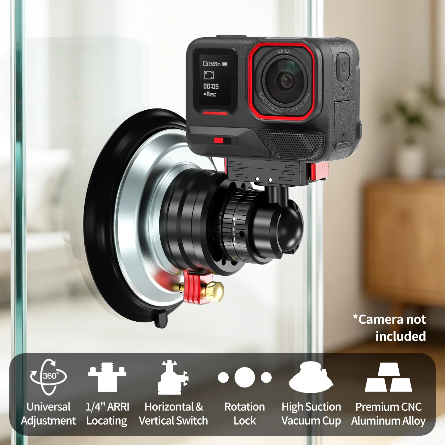 Mini-Kugelkopf, verstellbar, 1/4 Vakuumsaugnapfhalterung, 22 mm, 4 kg Tragkraft, für GoPro, Insta360, DJI 360II Action-Kamera, Glashalterung fürs Auto – Detail 2