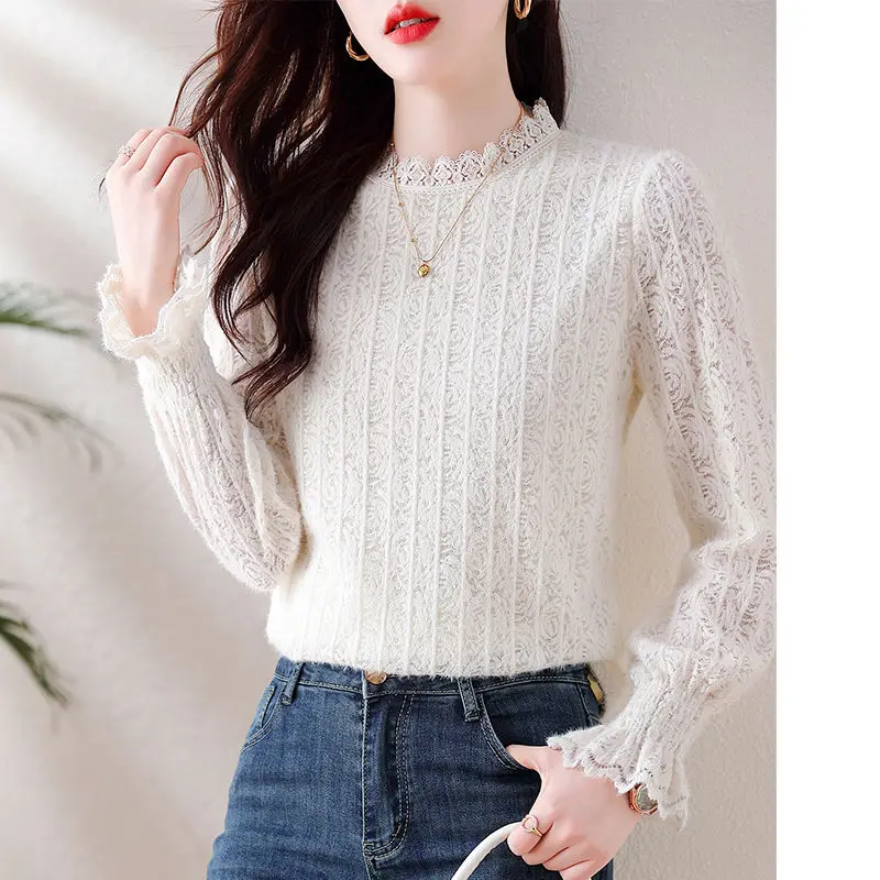 Spring Autumn Women\'s Clothing Solid Round Neck Lace Patchwork Long Sleeve Hollow Out T-shirt Casual and Elegant Undershirt Tops