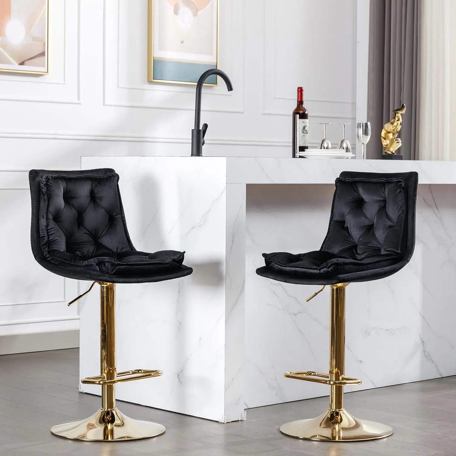 Set of 2 Black Velvet Bar Stools with Chrome Footrest, Swivel & Adjustable Height, Stylish Golden Legs