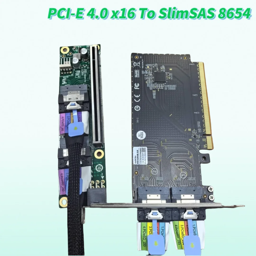

НОВАЯ видеокарта 2025 года, внешний Riser PCIe 4.0 X16 для SlimSAS 8654, задний адаптер половинной высоты, кабель для карты 8654, до 16x базовая пластина