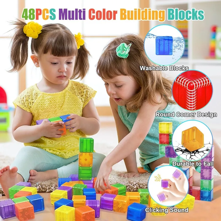 48PCS Magnetic Blocks - 1.38 inch Building Blocks for Toddlers STEM Building Toys for Montessori Toys for 2 3 4 5 6+ Year Old M