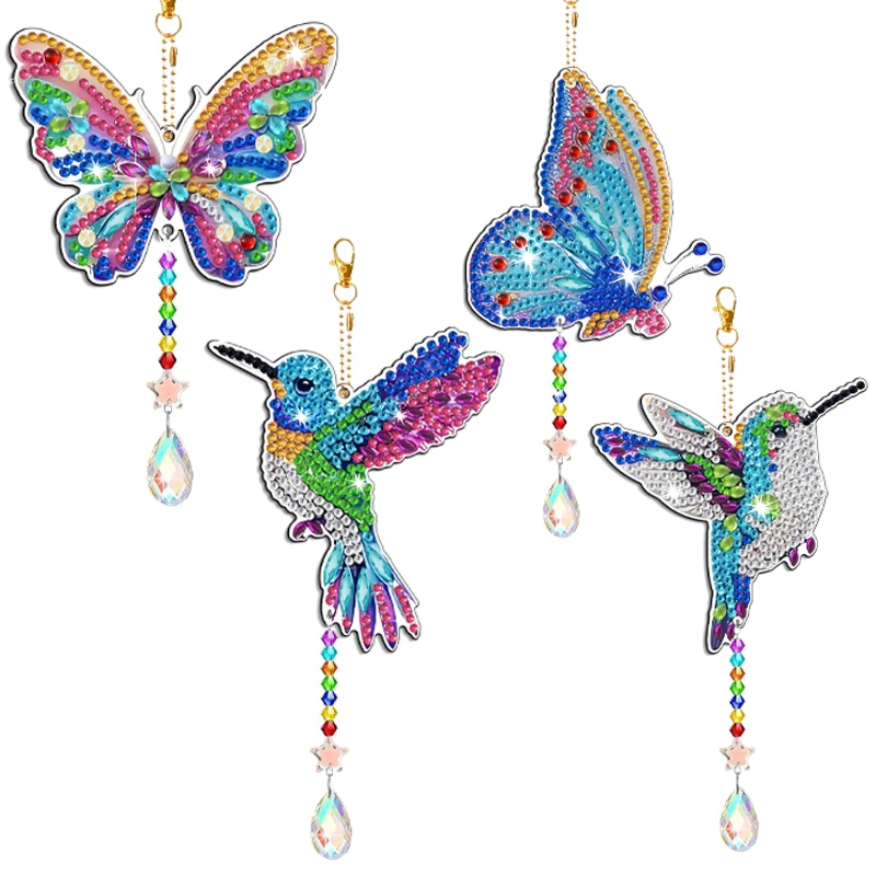 4-piece DIY Diamond Painted Capture Wind Chime, Alien Diamond Painted Pendant DIY Crystal Wind Chime Set, Double sided Butterfly