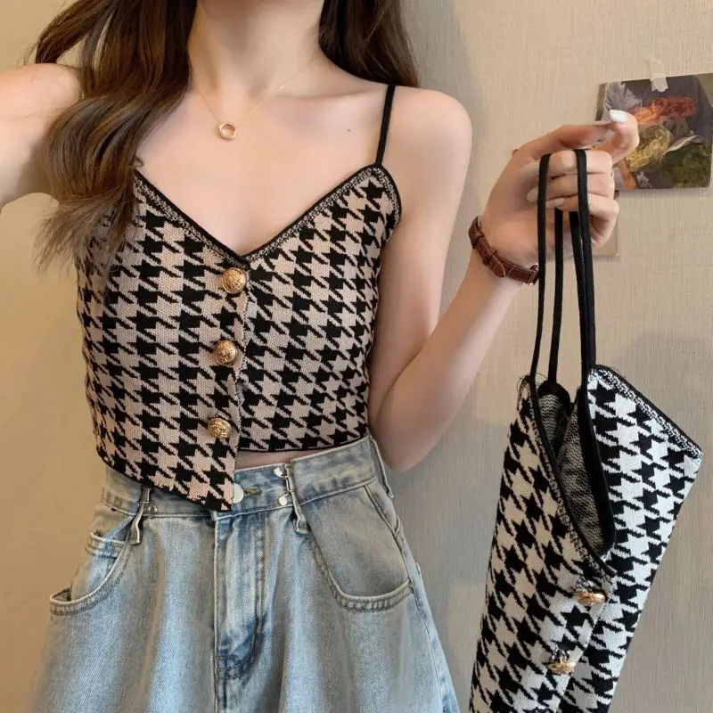 Vintage Houndstooth Knitting Camis Women Clothing Interior Lapping 2024 New Summer Fashion Irregular Sling Camisole Top Tee