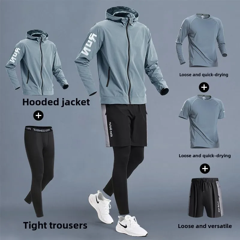 5pcs Mens Sweatsuits Set Running Suit Running Quick Drying Short Sleeves Training Cycling Windproof Fitness Clothes for Men