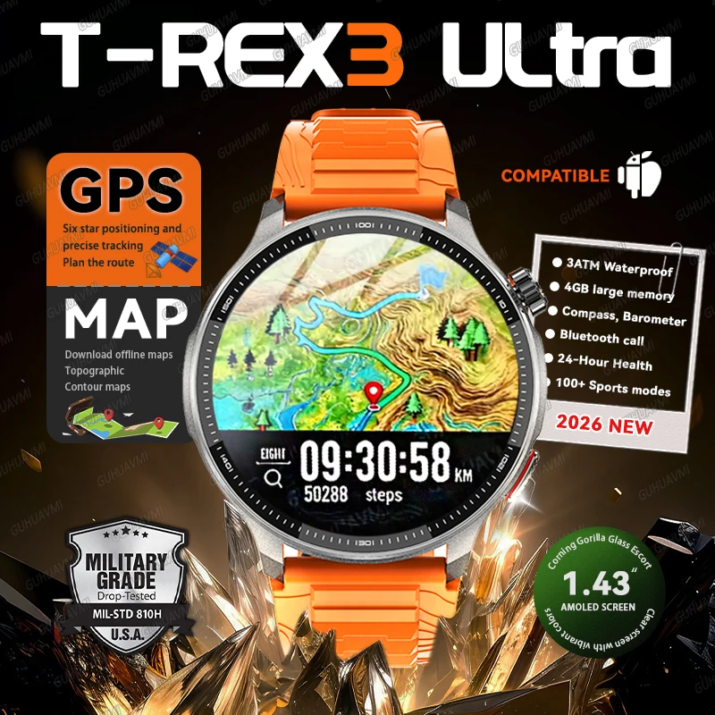 Newly T-Rex3 Ultra 4GB Memory GPS Sports Smart Watch Offline Map 1.43" AMOLED Display 3ATM Flash Charge Fitness Call Smartwatchs