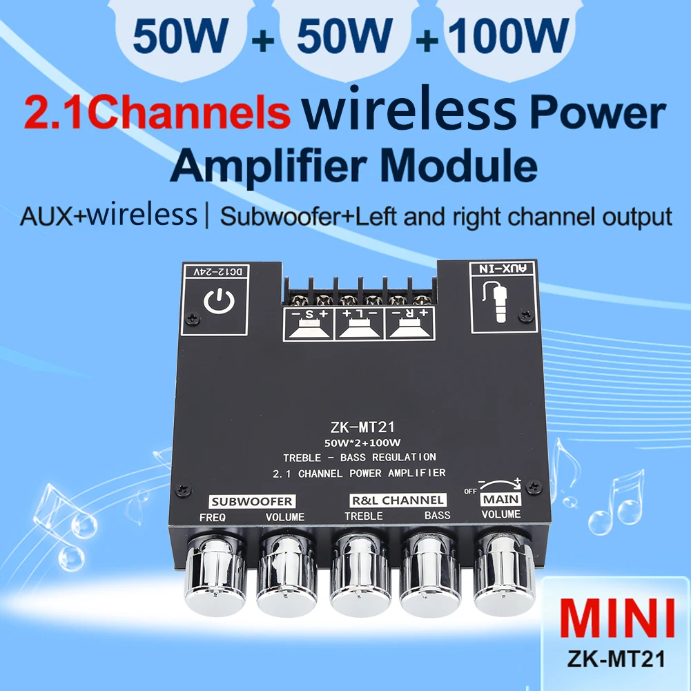 ZK-MT21 2x50W+100W 2.1 Channel Subwoofer Digital Power Amplifier Board AUX 12V 24V Audio Stereo BT 5.0 Bass Amp for Home Theater