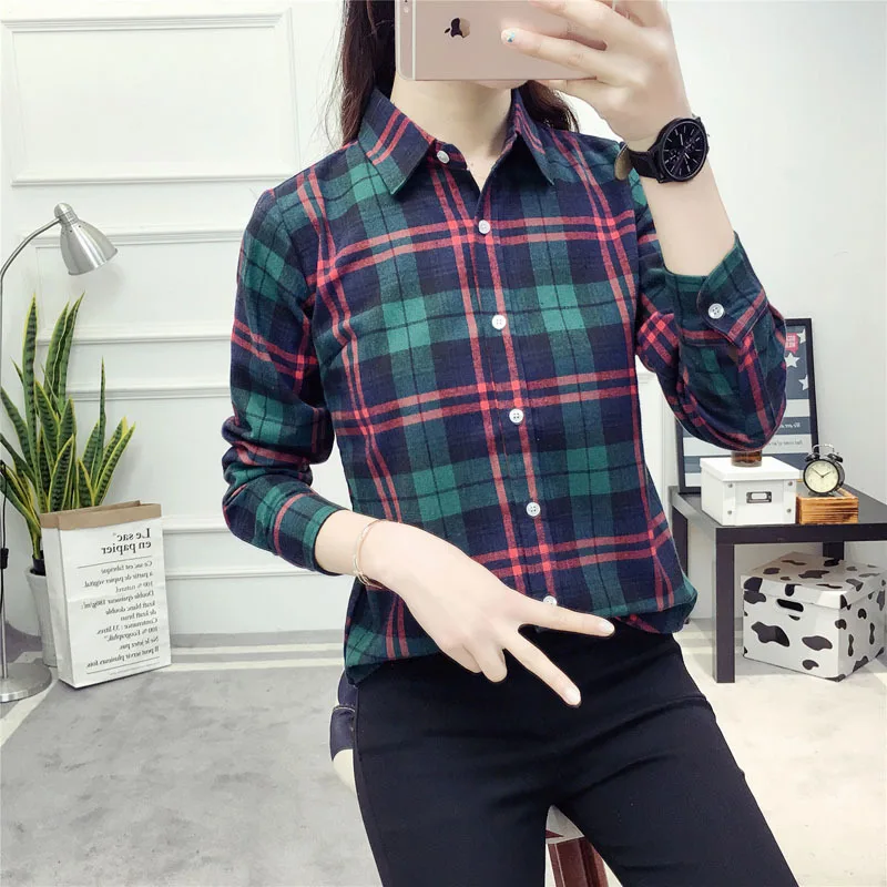 Fine Cotton Casual Women\'s Plaid Shirt 2024 Autumn New Ladies Loose Quality Blouse and Tops Female Long Sleeve Checkered Clothes