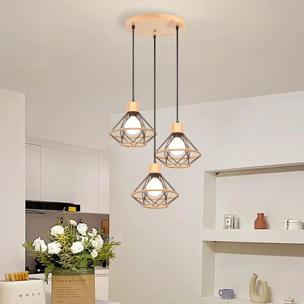 

1/3 Heads Vintage Solid Wood Pendant Lights Lighting Industrial Chandelier Hanging Lamp for Indoor Restaurant Bar Cafe Home Deco