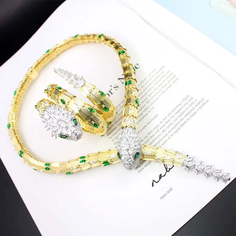 Designer Collection Style Ring Earrings Bracelet Necklace Plated Gold Color Zircon Green Red Eyes Snake Serpent Jewelry Sets