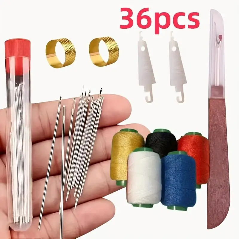 34/36/37Pcs DIY Multi-function Sewing Box Set Big Eye Steel Needles Sewing Kits For Hand Quilting Stitching Embroidery Thread