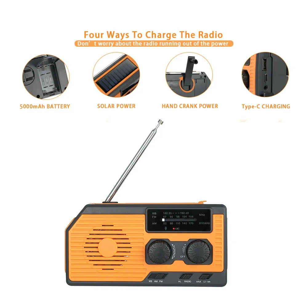 휴대용 라디오 핸드 크랭크 태양열 USB 충전, AM, FM, WB, NOAA 기상 라디오, 비상 LED 손전등, 야외 보조배터리, 5000mAh