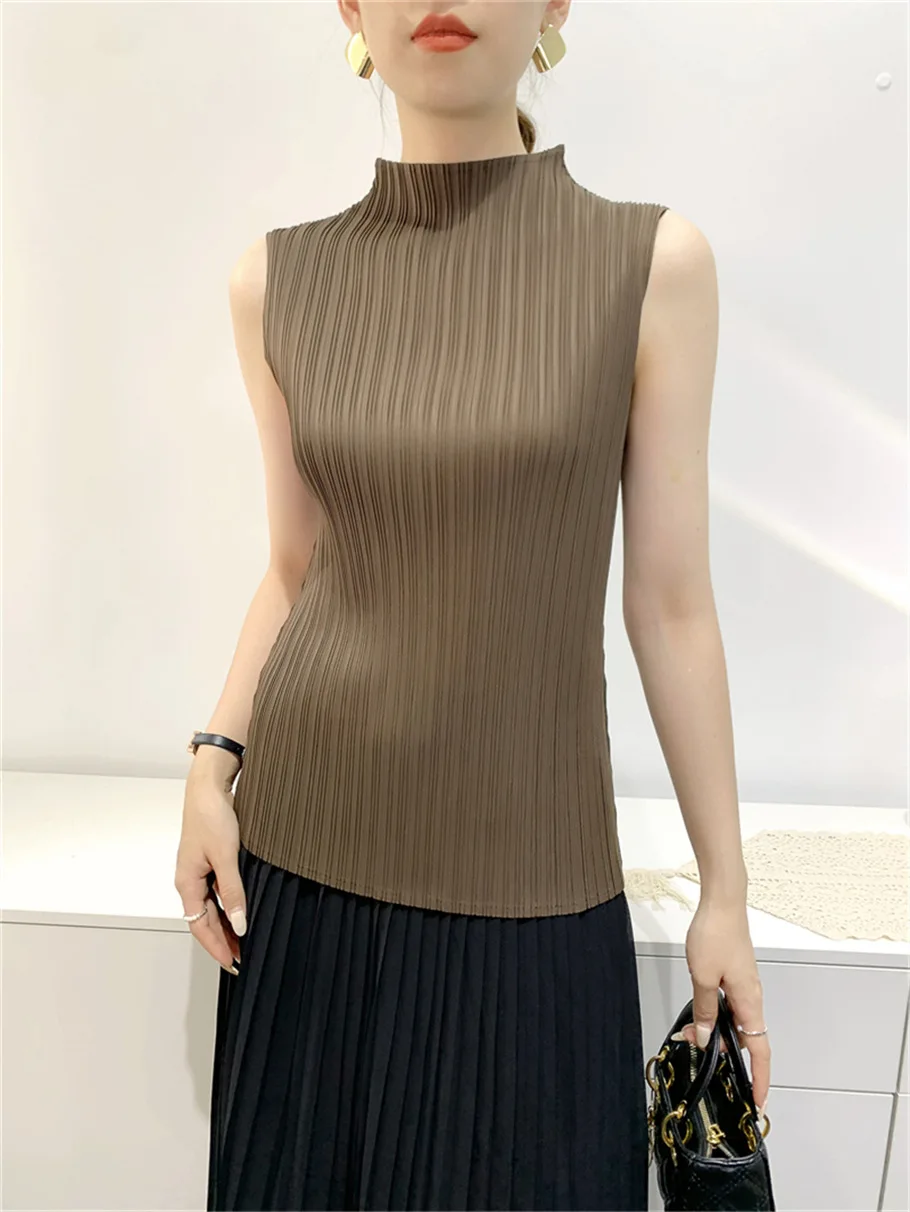 Miyake Summer Outwear Vest Slim High Stretch Pleated Top Half High Neck Sleeveless Comfortable Casual