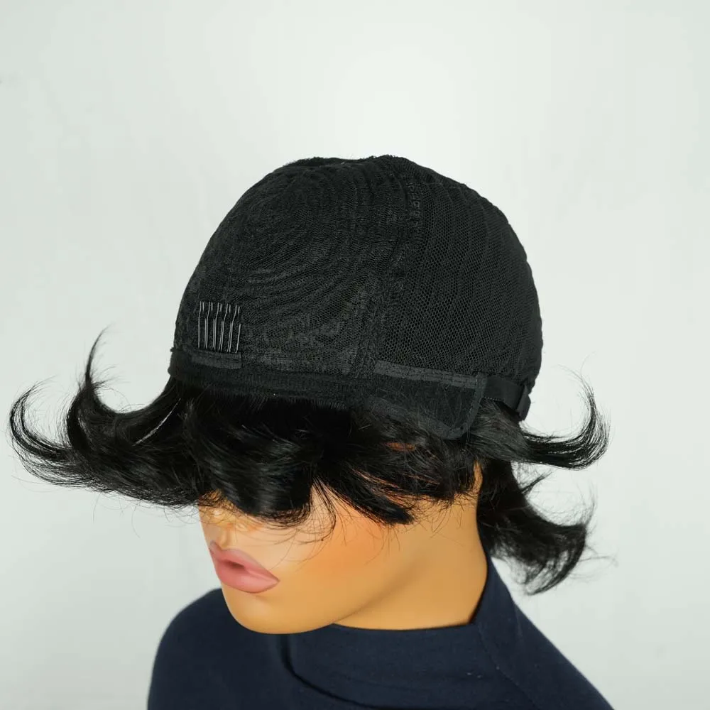 Parrucca Pixie Cut Capelli umani per donne nere con frangia Parrucca corta a strati nera naturale diritta completa fatta a macchina