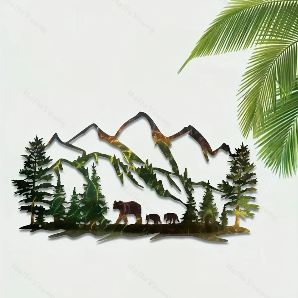 家の装飾のための森、山、クマの素朴な金属壁アート、魅力的なワンピース