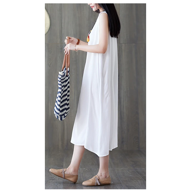 Katoenzijde damesjurk - Zomer mouwloze halflange vrijetijdsjurk voor thuisgebruik, nachtkleding, koel en ademend, comfortabel