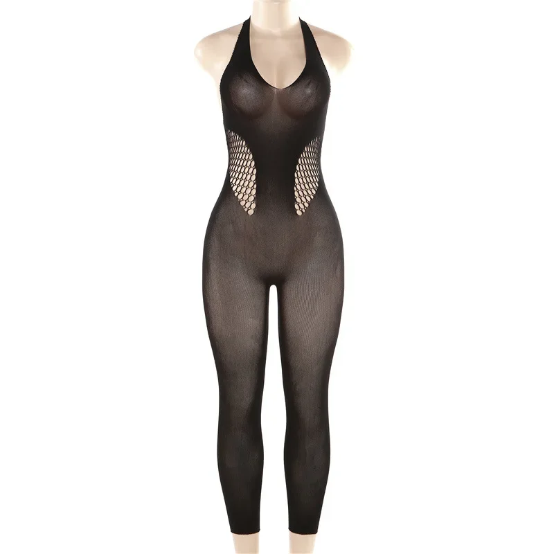 High Stretch Hollow Out  Knitted Skinny Yoga Jumpsuits Women Sexy See Through V Neck Halter Backless Slim Club Overalls Lingerie