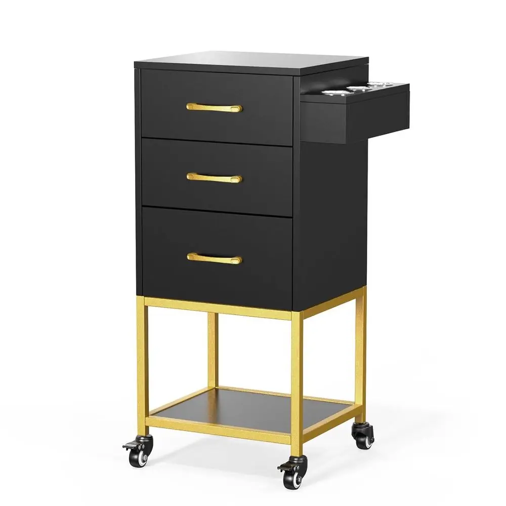 عربة صالونات التجميل باللون الأسود والذهبي مع عجلات وحامل مجفف الشعر وأدراج ورف تخزين مفتوح