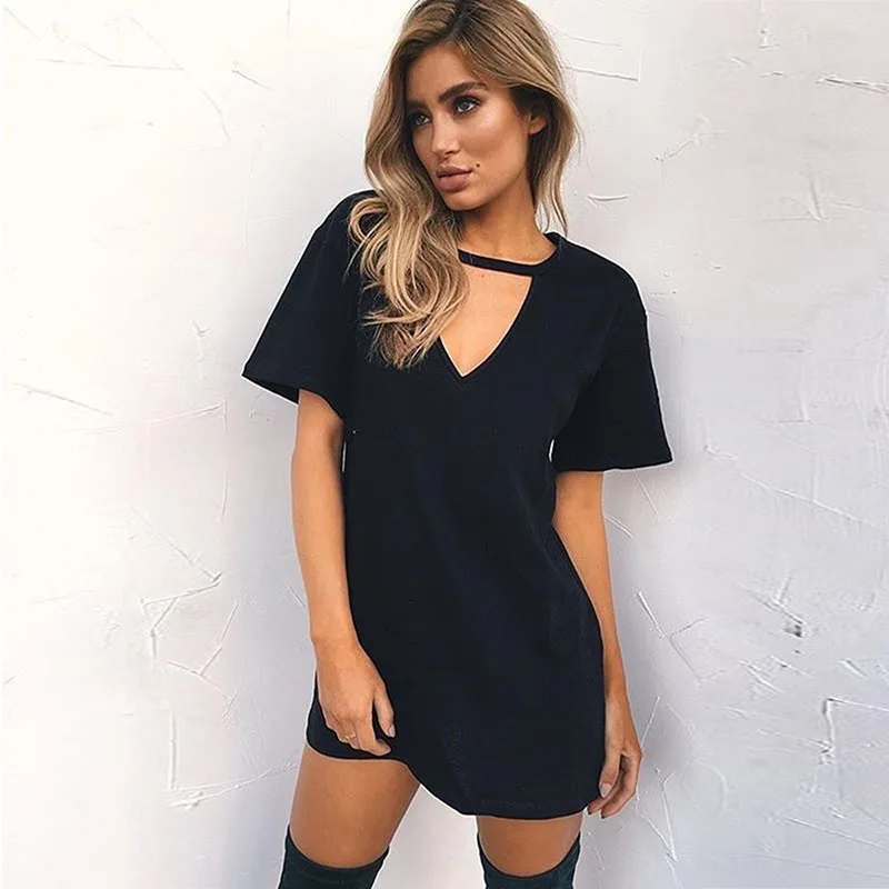 Summer Sexy Mini Black Dress 2023 V Neck Cut Out Loose Dress Women Elegant Short Sleeve Club Party Dress Solid Color Streetwear