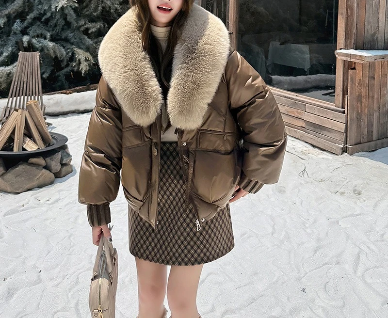 Women's Down Cotton Padded Coat 2025 Winter Collection Trendy Stylish Streetwear Large Fur Collar Short Length Hooded Design