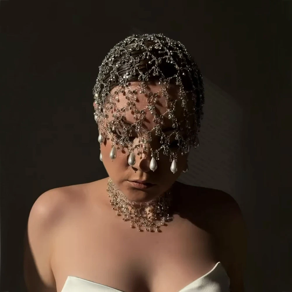 Elegant Tassel Mesh Forehead Headband Chain Queen Head Decoration Temperament Princess Rhinestone Headpiece Tiara Prom for Women