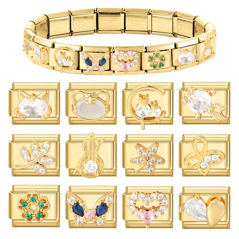 Y2K الذهب اللون الزركون فراشة ليف القمر القط زهرة الإيطالية سحر الروابط صالح 9 مللي متر الفولاذ المقاوم للصدأ سوار النساء DIY بها بنفسك صنع الهدايا #2