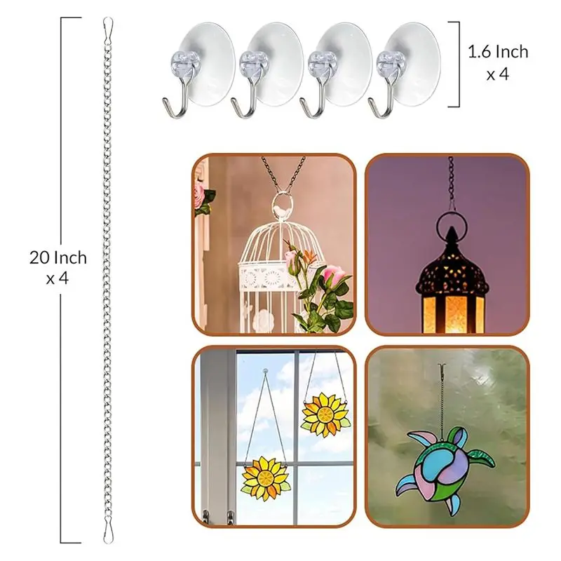 B84B Stained Glass Window Hanging Chain 4 Pcs 20 Inch with Suction Cup Hooks for Sunshine Catcher
