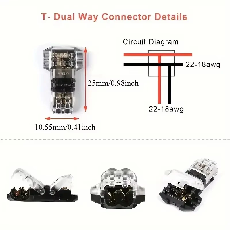 T-Type 1 Pin Low Voltage Wire Connector Solderless No Stripping Quick Splice Tool-Free Universal 2-Way Compact Terminal Joint