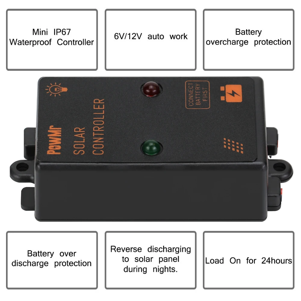 PowMr PWM 5A 12V Mini Solar Controller IP67 Waterproof Mini Solar Charge Controller For Lead-Acid Battery