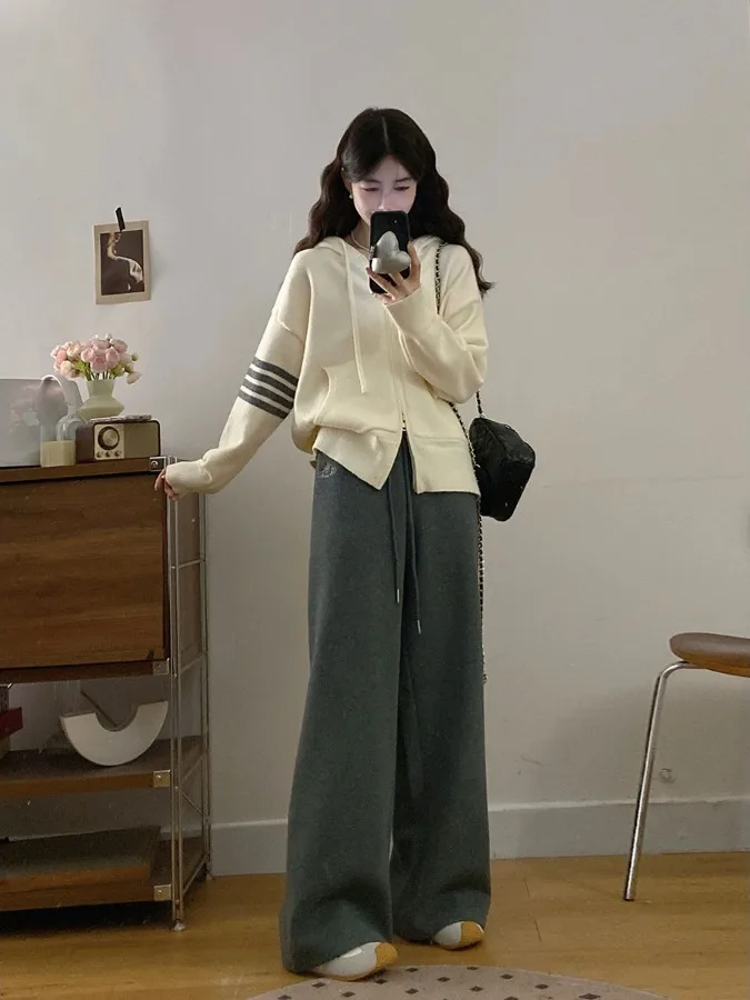 

plus Size Women's Hooded Knitted Sweater Jaet High Waist Thiened Fce Wide Leg Pants Autumn Winter Faion Set Korean S...