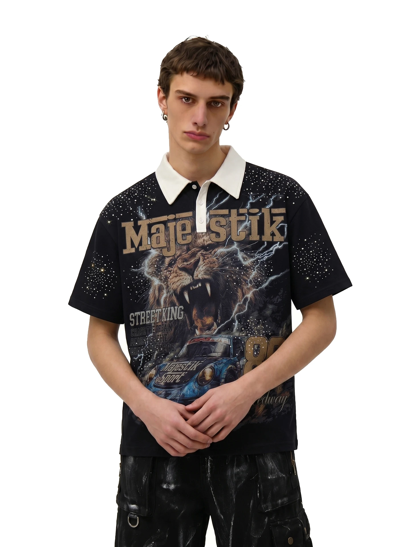 

BETEBULE American High Street Printed Rhinestone Collar Short Sleeve Men's T-shirt Summer Trendy Loose Half Sleeve Top