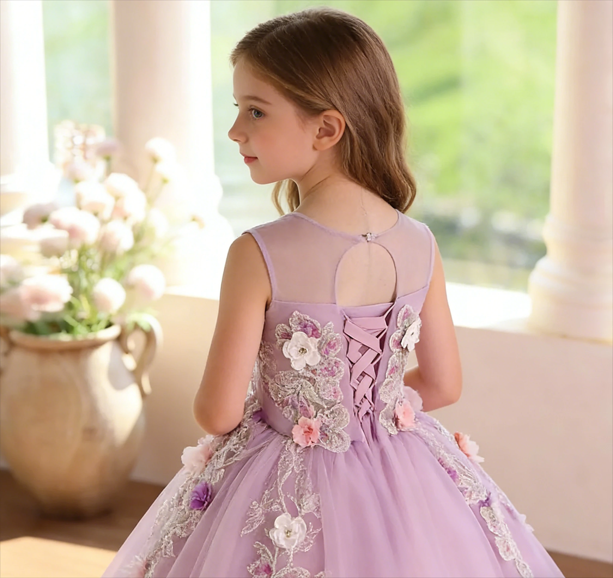 

Elegant Customized Flower Girl Dress for Wedding Floral Applique Sequin Lace Sleeveless Princess Pageant Birthday Party Gown