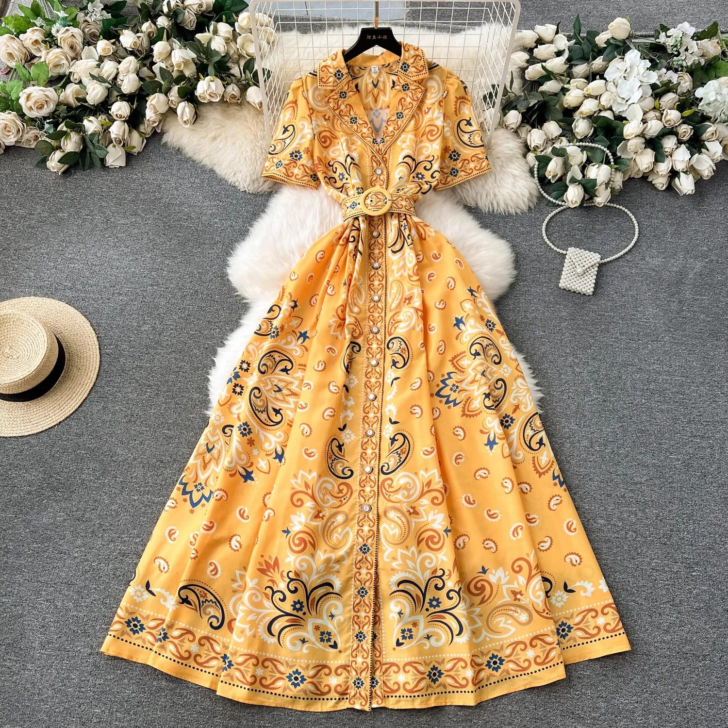 Summer Vintage Notched Collar Runway Linen Dress Women Short Sleeve Single Breasted Floral Print Belt A-Line Maxi Vestidos 6355