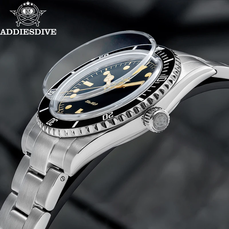 Addiesdive الفاخرة عالية الجودة ساعة كوارتز رجالية مضيئة 200 متر مقاوم للماء ساعة اليد فقاعة قبة زجاج السيراميك الحافة ساعة رجالية
