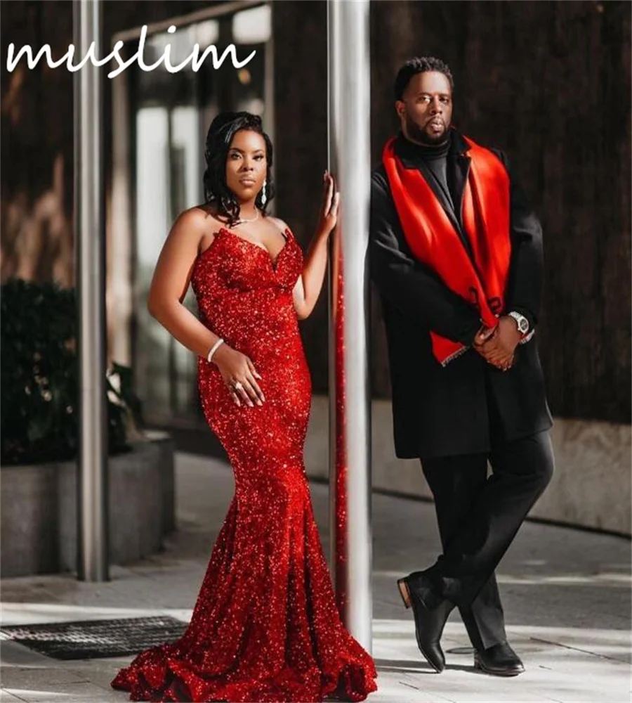 New In Red Plus Size Prom Dress For Black Girls Sweetheart Shinny Sequin Mermaid African Evening Gowns Elegant Formal Occasion