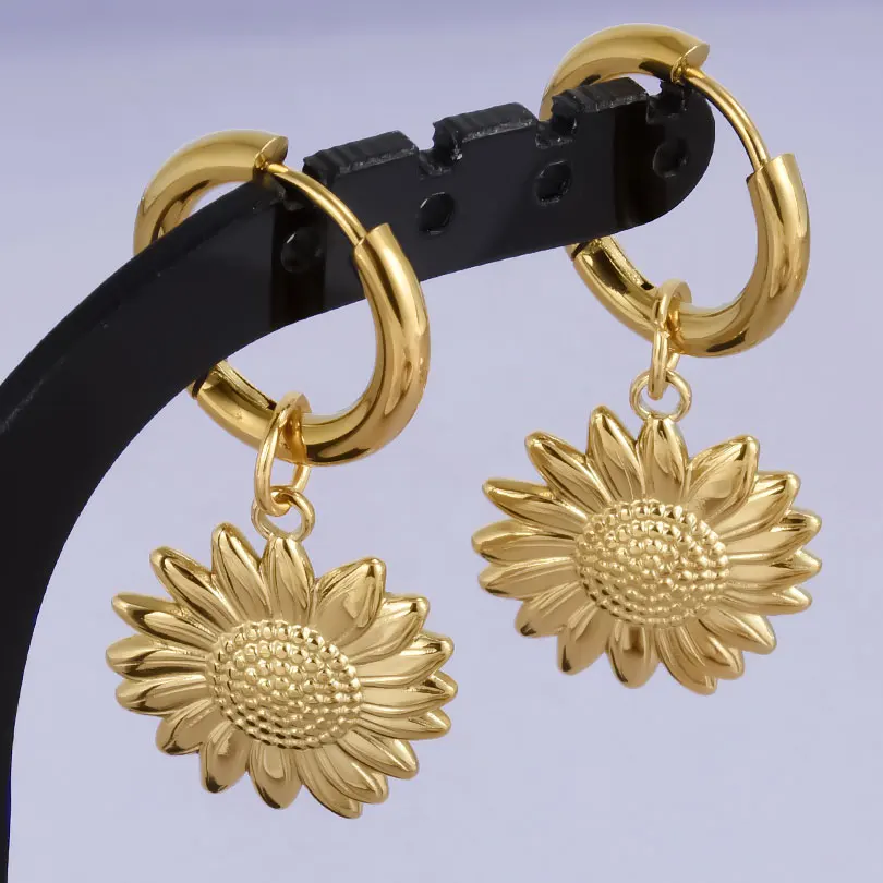 Echt vergoldet Mode Kpop Piercing Schmuck Mädchen Schleife Blume Herz Anhänger Ohrring Edelstahl Creolen für Frauen – Detail 6