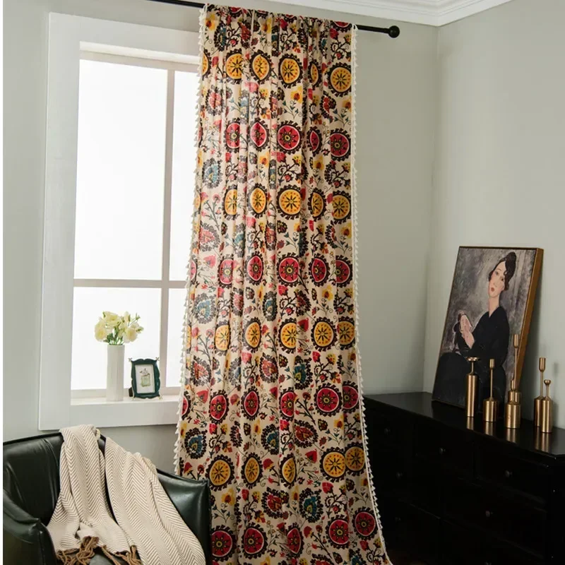 

FF2004Sunflower Bohemian ethnic style cotton and linen curtains for hotels and B&Bs retro finished curtain fabrics