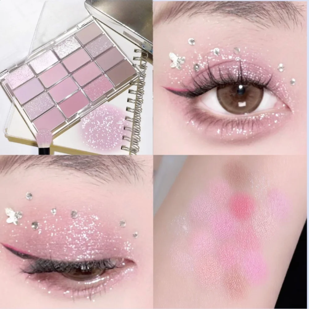 Paleta de sombra de ojos brillante de 16 colores, sombra de ojos con purpurina mate nacarado rosa de baja saturación, maquillaje de ojos de larga duración 2025