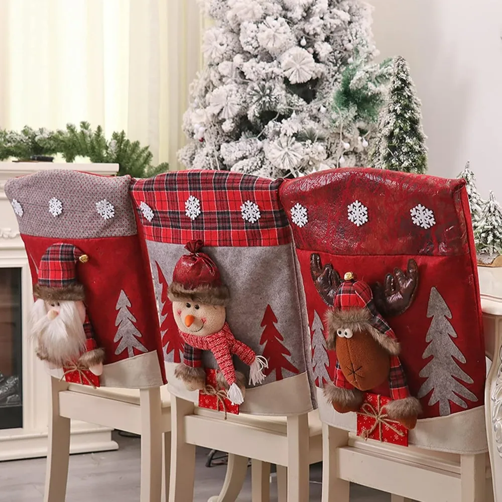 Christmas Chair Back Cover Set of 6 Santa Claus Snowman Elk Chair Covers Dining Chair Slipcovers for Kitchen Holiday Festival