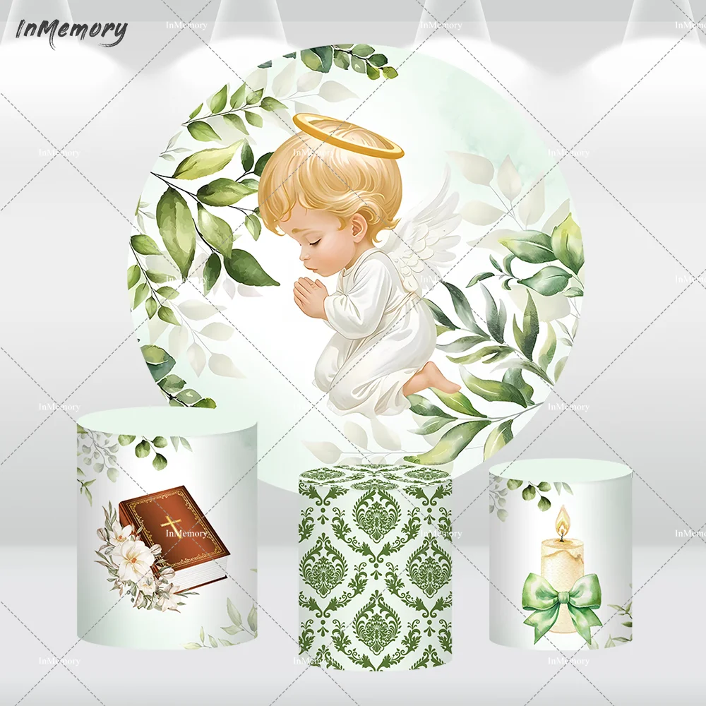 소년 첫 성찬식 파티 라운드 배경 커버 녹색 잎 성경 베이비 샤워 서클 배경 실린더 커버 폴리 에스터