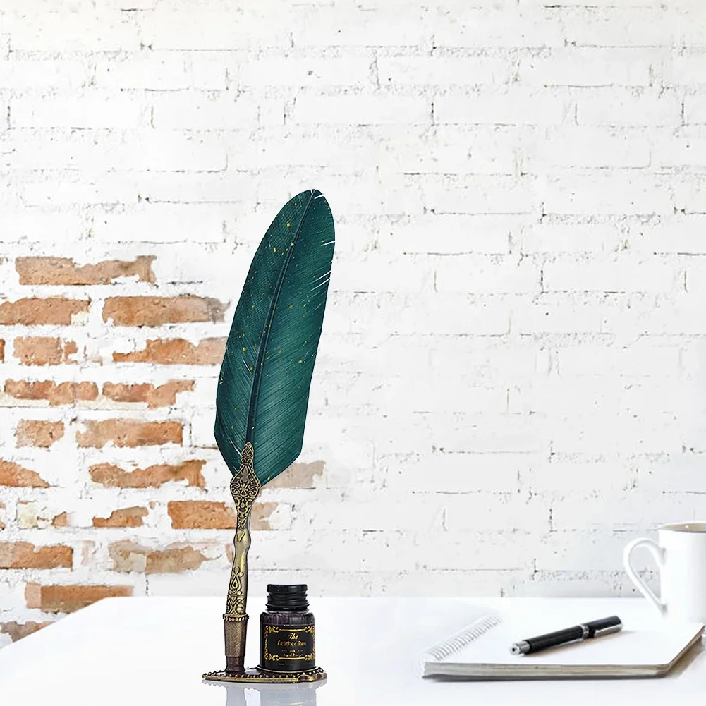 

1 Set Retro Calligraphy Feather Dip Pen Quill Fountain Writing Wedding Gifts For Lovers Elders Teachers 25cm Permeable Pen